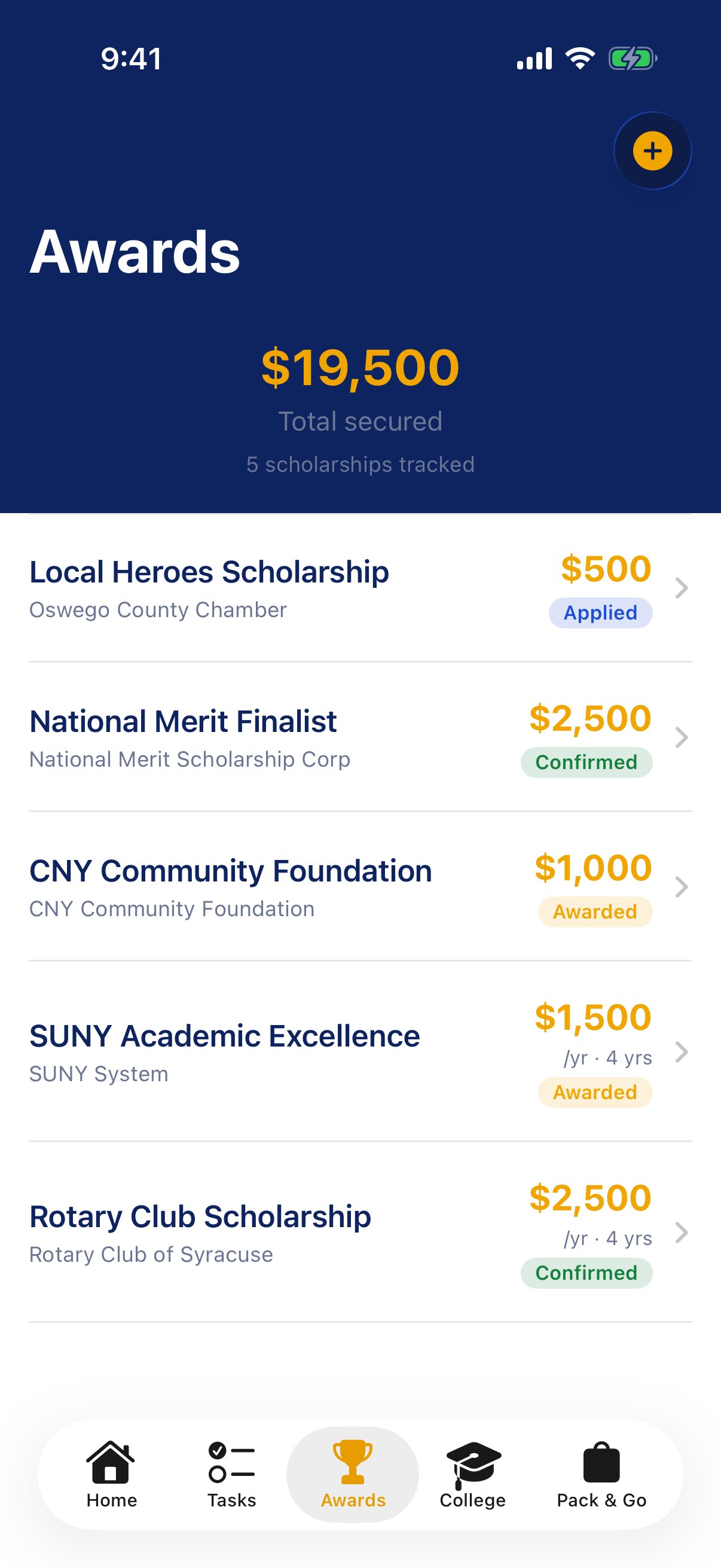 CampusBound Awards screen showing tracked scholarships