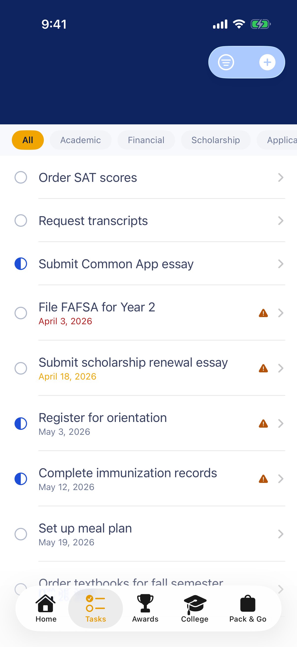 CampusBound tasks screen showing college prep checklist