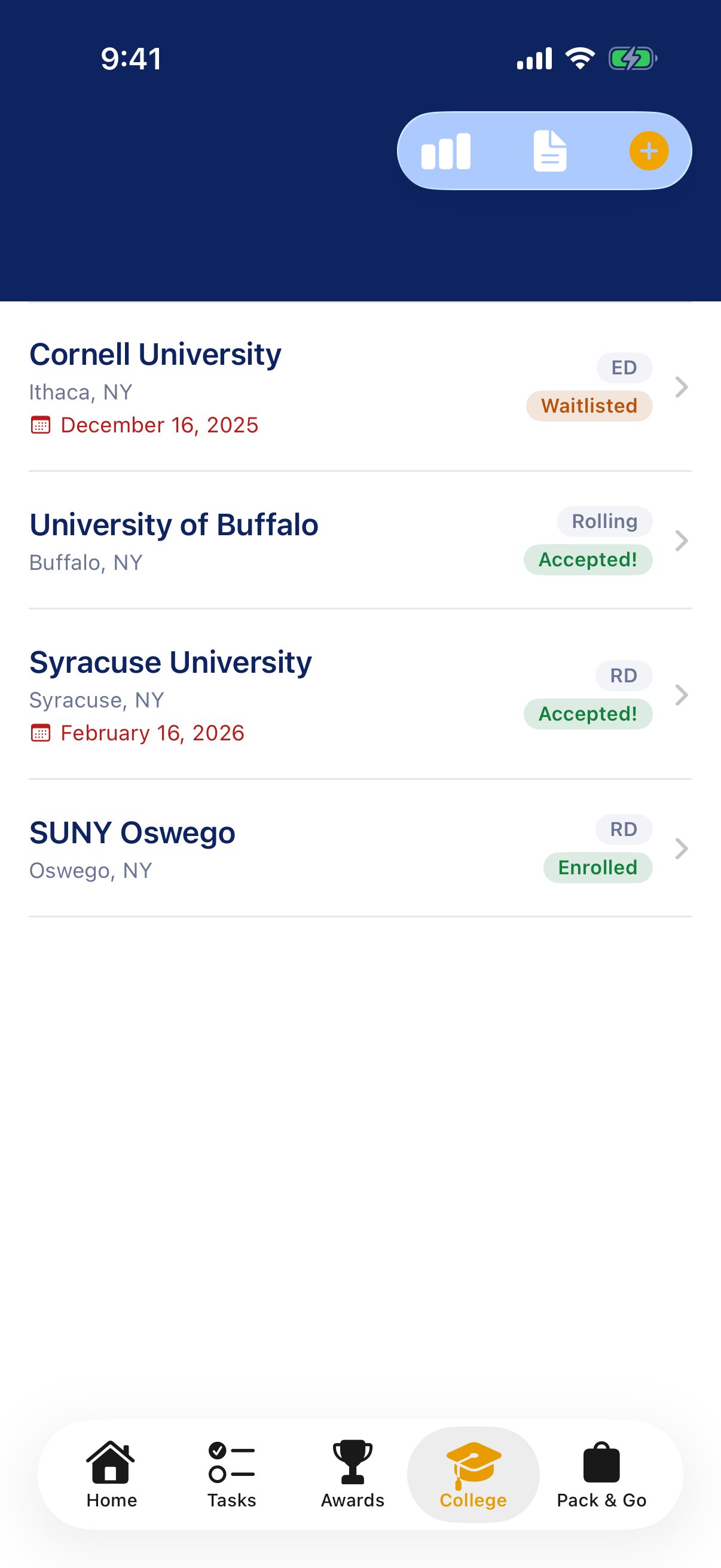 CampusBound College screen showing schools tracked
